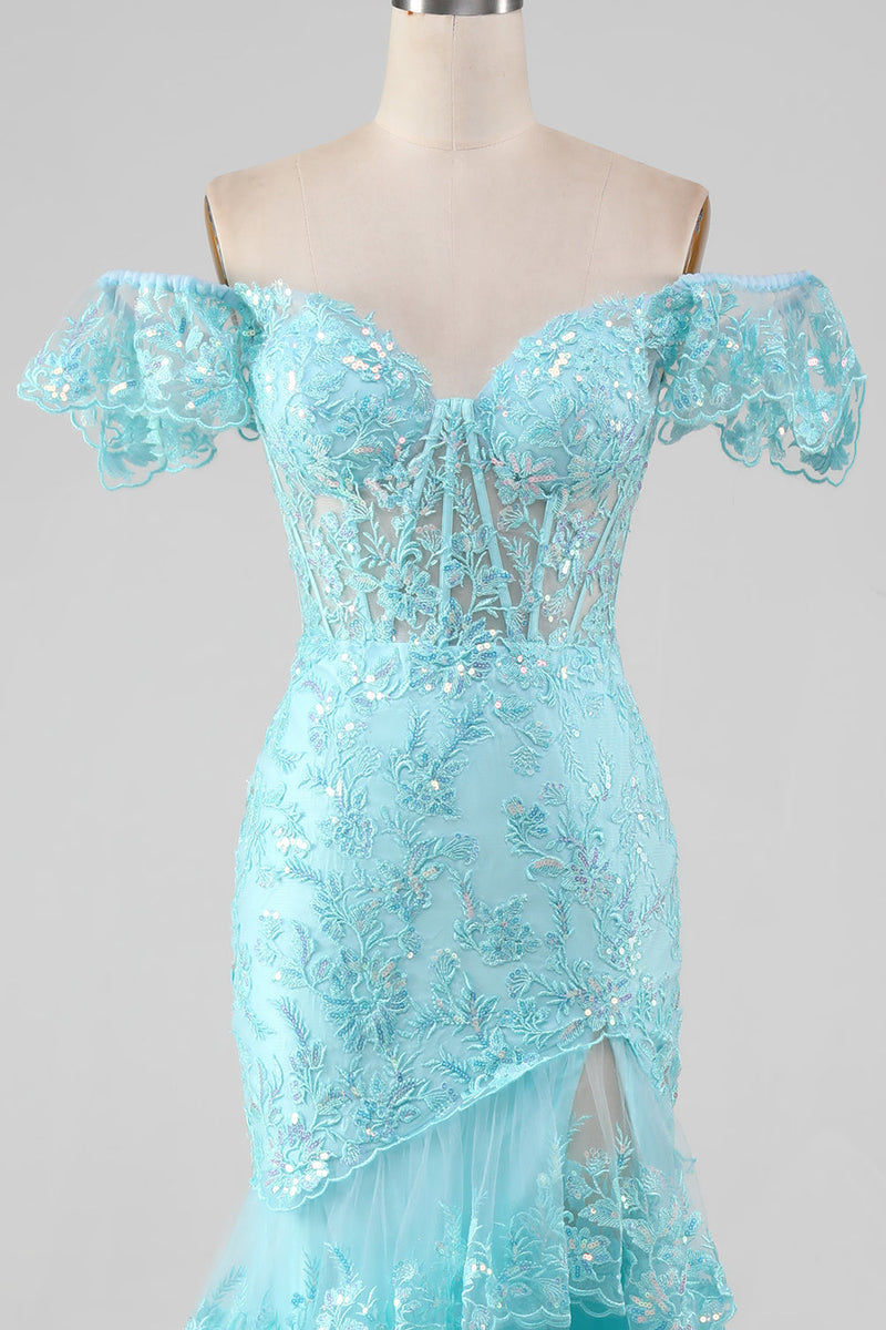 Load image into Gallery viewer, Sky Blue Off the Shoulder Lace and Sequin Mermaid Prom Dress with Slit