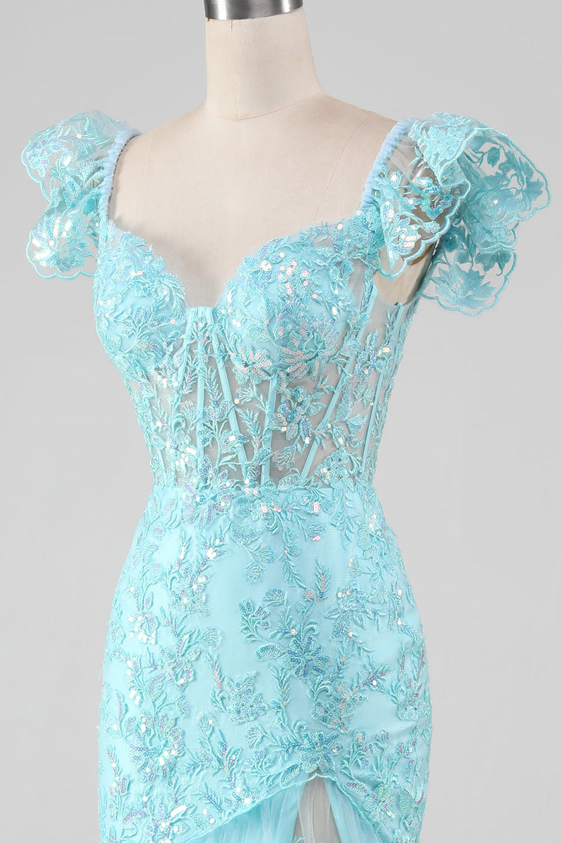 Load image into Gallery viewer, Sky Blue Off the Shoulder Lace and Sequin Mermaid Prom Dress with Slit