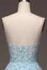 Load image into Gallery viewer, A Line Light Blue Sequin Spaghetti Straps Prom Dress With Appliques