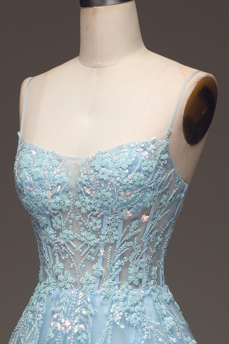 Load image into Gallery viewer, A Line Light Blue Sequin Spaghetti Straps Prom Dress With Appliques