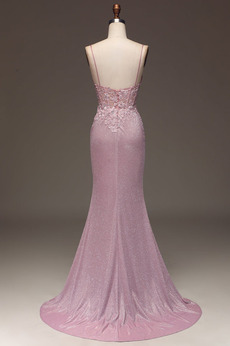 Load image into Gallery viewer, Glitter Blush Mermaid Spaghetti Straps Long Prom Dress with Beading