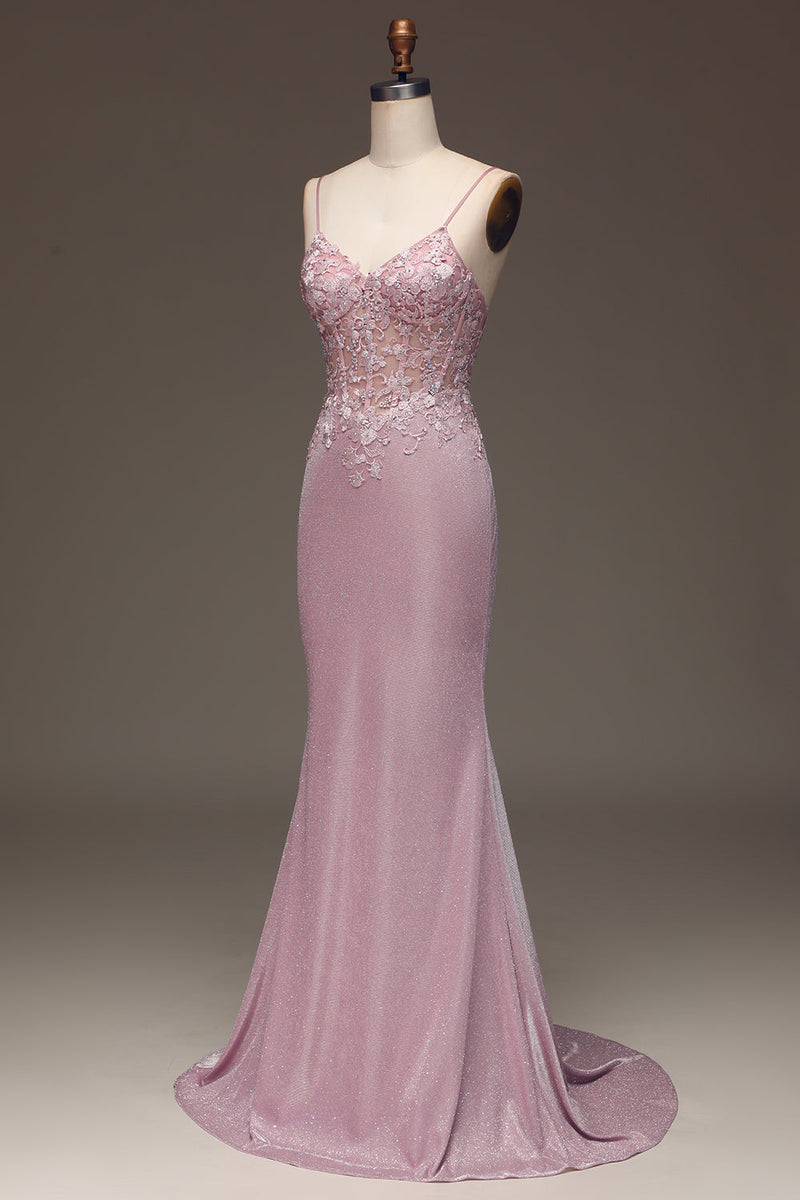 Load image into Gallery viewer, Glitter Blush Mermaid Spaghetti Straps Long Prom Dress with Beading