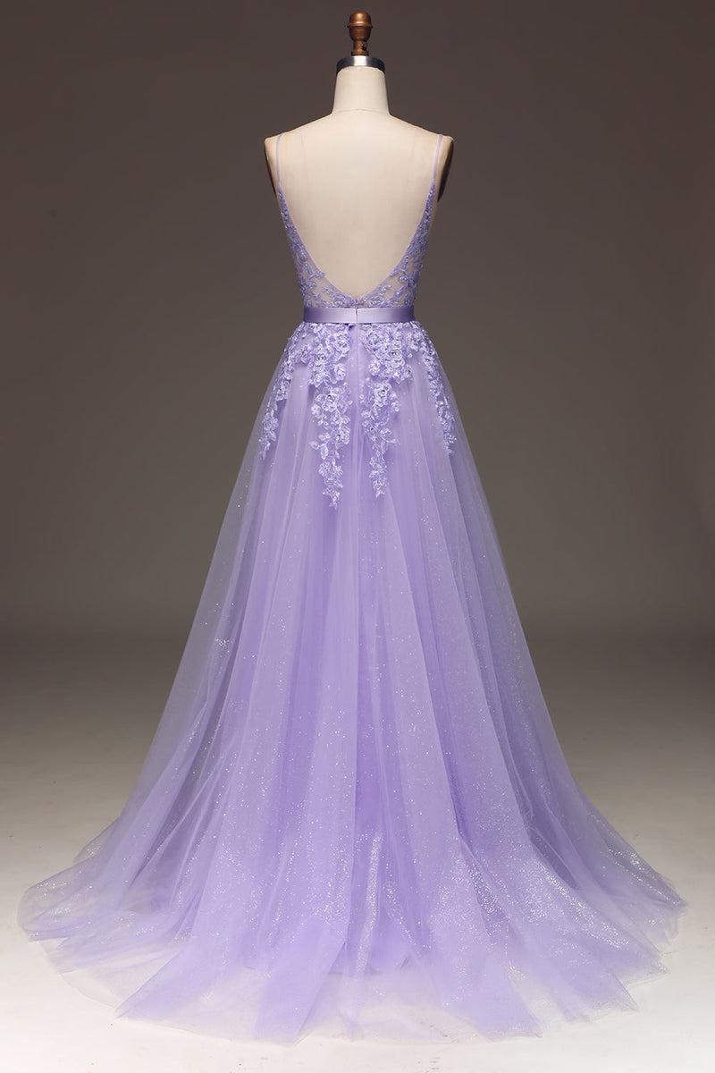 Load image into Gallery viewer, Purple A-Line Spaghetti Straps Long Beaded and Tulle Prom Dress with Appliques