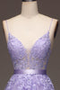 Load image into Gallery viewer, Purple A-Line Spaghetti Straps Long Beaded and Tulle Prom Dress with Appliques