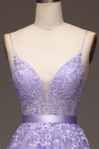 Purple A-Line Spaghetti Straps Long Beaded and Tulle Prom Dress with Appliques