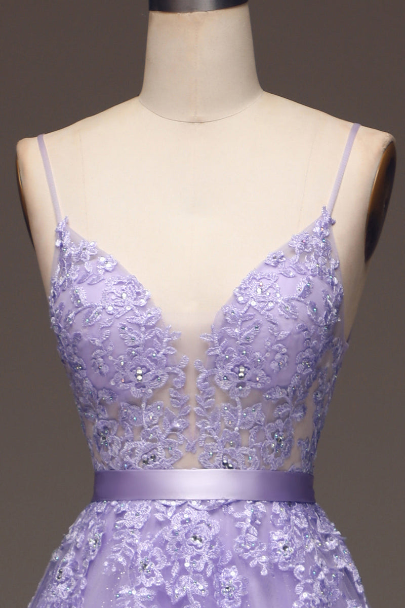 Load image into Gallery viewer, Purple A-Line Spaghetti Straps Long Beaded and Tulle Prom Dress with Appliques