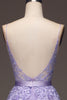 Load image into Gallery viewer, Purple A-Line Spaghetti Straps Long Beaded and Tulle Prom Dress with Appliques