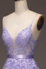 Load image into Gallery viewer, Purple A-Line Spaghetti Straps Long Beaded and Tulle Prom Dress with Appliques