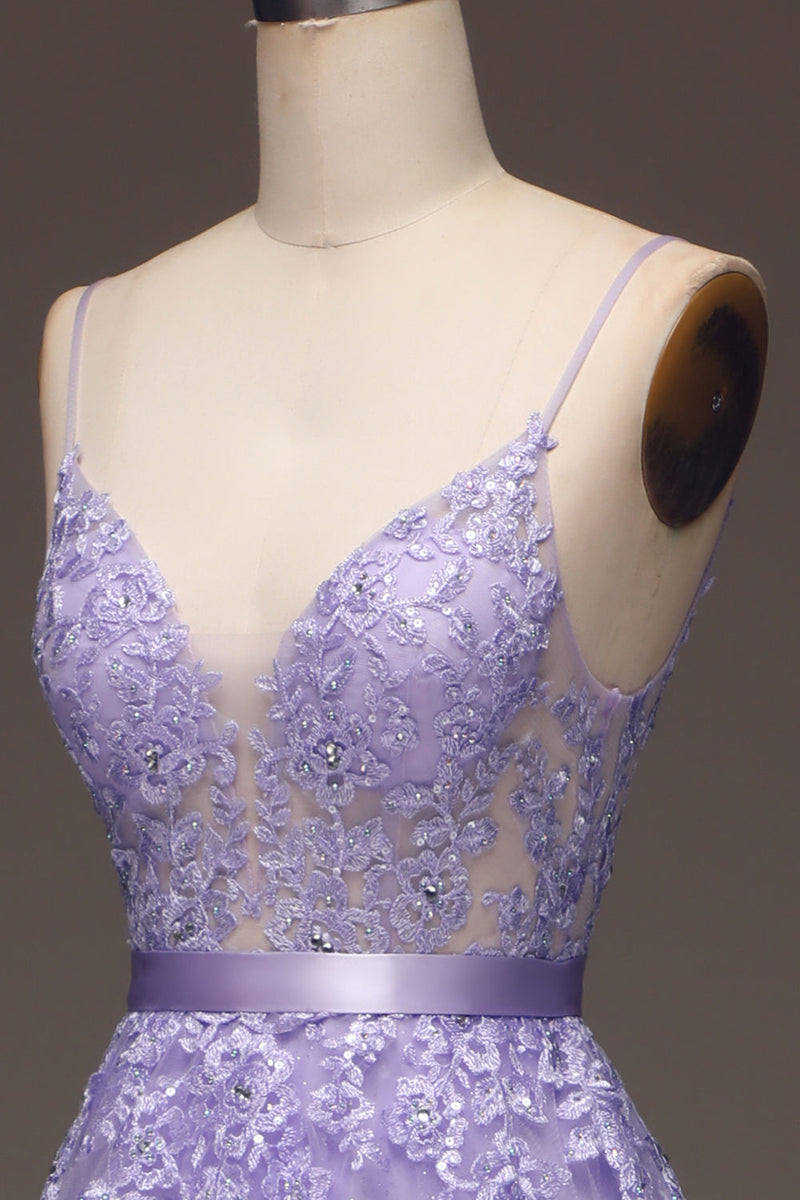 Load image into Gallery viewer, Purple A-Line Spaghetti Straps Long Beaded and Tulle Prom Dress with Appliques