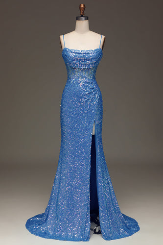 Spaghetti Straps Blue Sparkly Corset Prom Dress with Slit