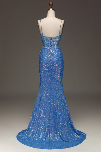 Spaghetti Straps Blue Sparkly Corset Prom Dress with Slit