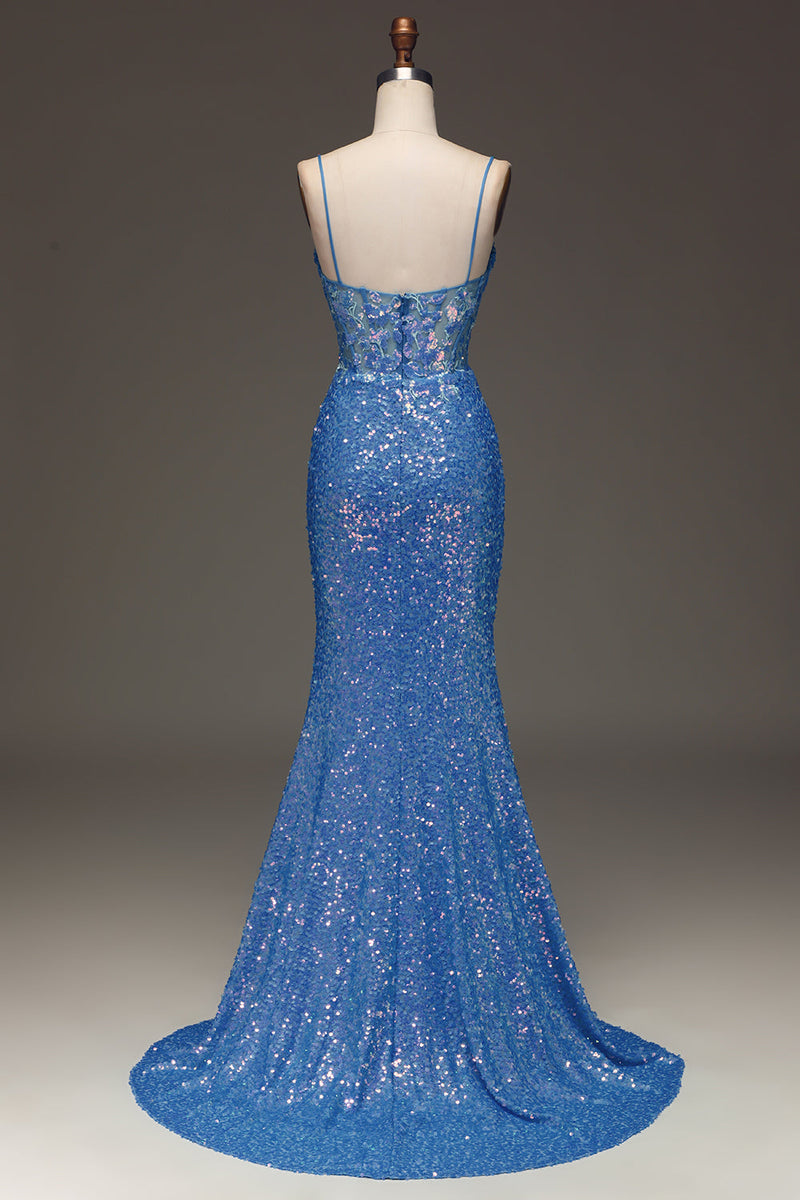 Load image into Gallery viewer, Spaghetti Straps Blue Sparkly Corset Prom Dress with Slit