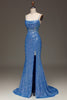 Load image into Gallery viewer, Spaghetti Straps Blue Sparkly Corset Prom Dress with Slit