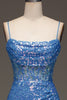 Load image into Gallery viewer, Spaghetti Straps Blue Sparkly Corset Prom Dress with Slit