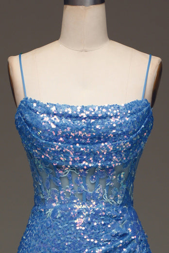 Spaghetti Straps Blue Sparkly Corset Prom Dress with Slit