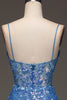 Load image into Gallery viewer, Spaghetti Straps Blue Sparkly Corset Prom Dress with Slit