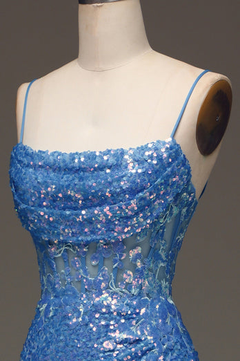 Spaghetti Straps Blue Sparkly Corset Prom Dress with Slit