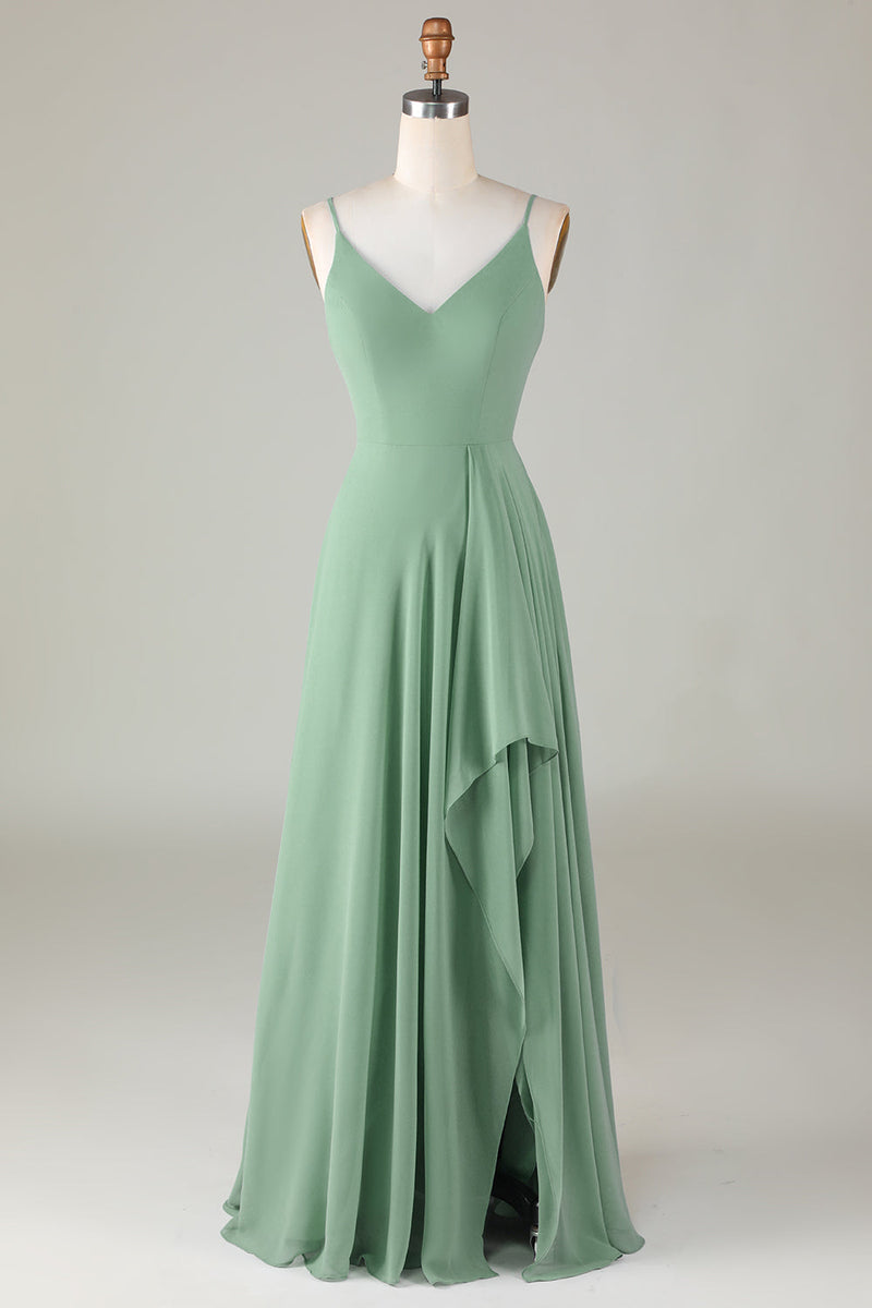 Load image into Gallery viewer, Spaghetti Straps Matcha Long Bridesmaid Dress with Ruffles