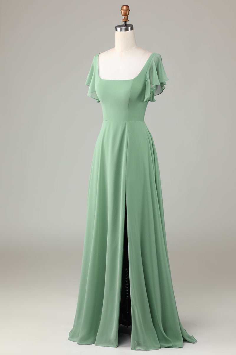 Load image into Gallery viewer, Square Neck Matcha Bridesmaid Dress with Ruffles