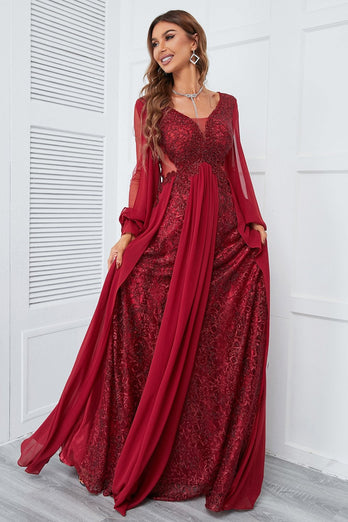Burgundy Beaded Long Prom Dress with Lace