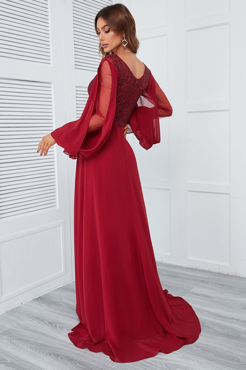 Load image into Gallery viewer, Burgundy Beaded Long Prom Dress with Lace