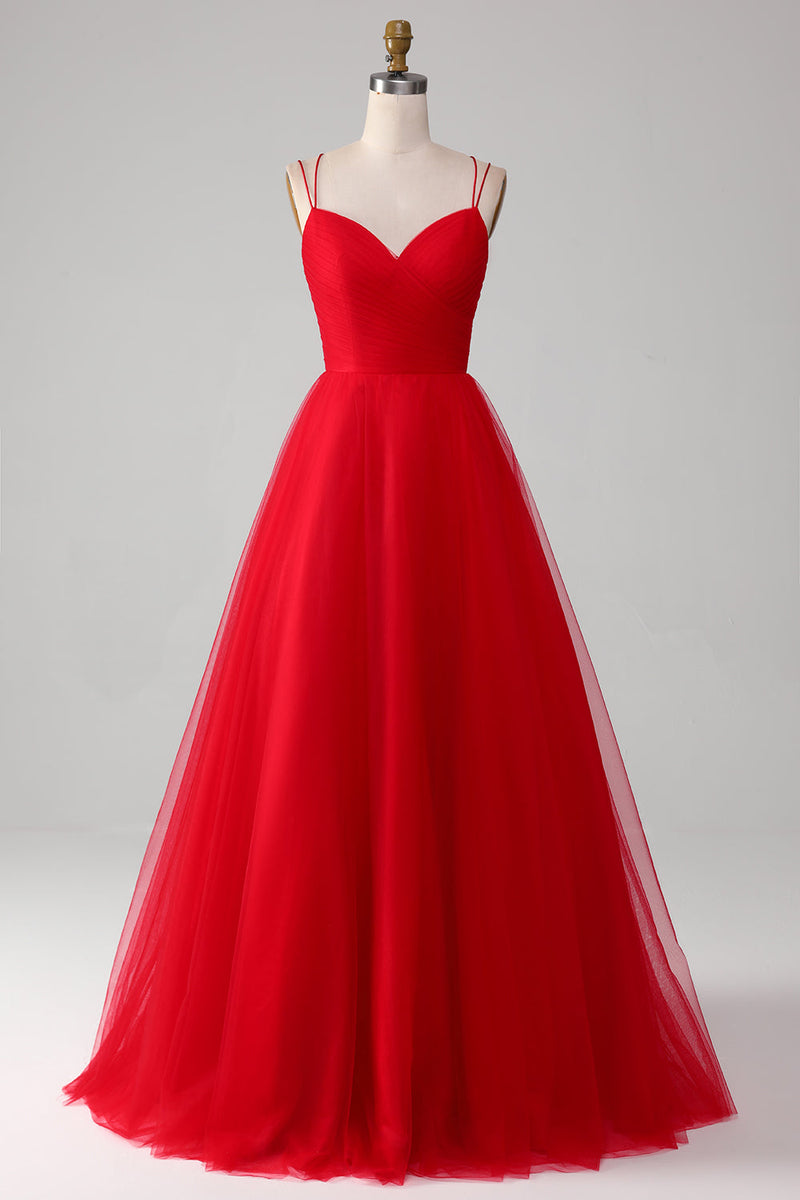 Load image into Gallery viewer, Red Tulle Pleated V-neck A-line Tie Back Prom Dress