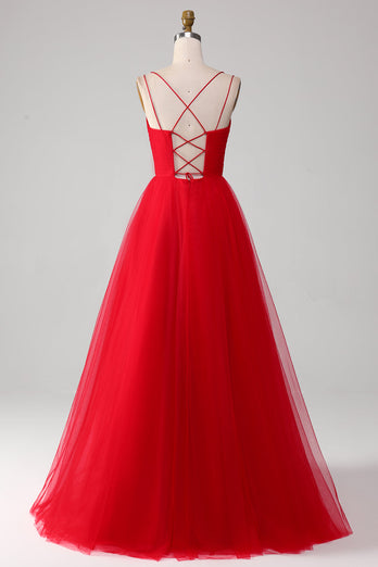 Red Tulle Pleated V-neck A-line Tie Back Prom Dress