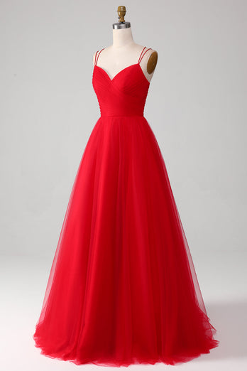 Red Tulle Pleated V-neck A-line Tie Back Prom Dress