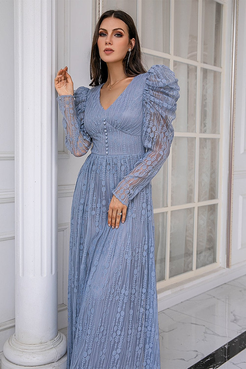 Load image into Gallery viewer, Blue Lace Long Prom Dress with Sleeves