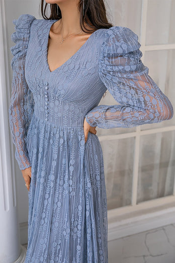 Blue Lace Long Prom Dress with Sleeves