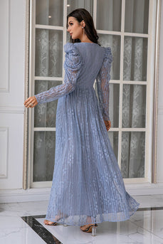 Blue Lace Long Prom Dress with Sleeves