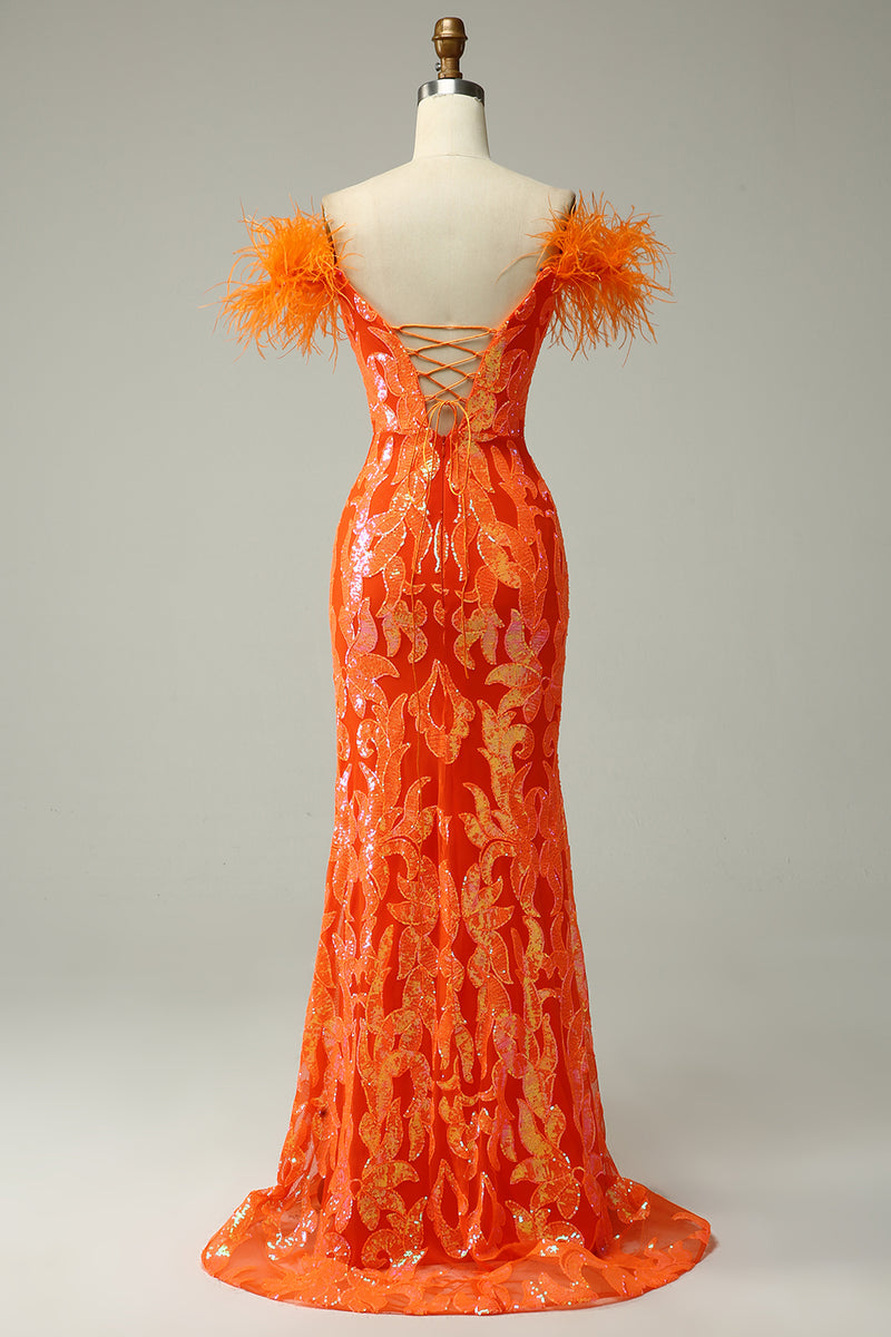 Load image into Gallery viewer, Off the Shoulder Orange Sequins Mermaid Prom Dress with Feathers