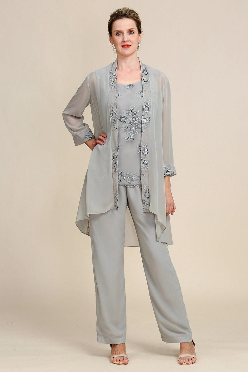 Load image into Gallery viewer, Grey 3 Piece Mother of the Bride Pant Suits with Lace