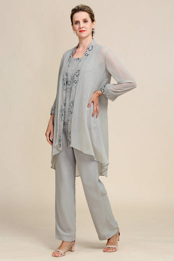 Grey 3 Piece Mother of the Bride Pant Suits with Lace