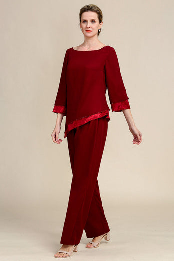 Burgundy Long Sleeves 2 Piece Mother of the Bride Pant Suits