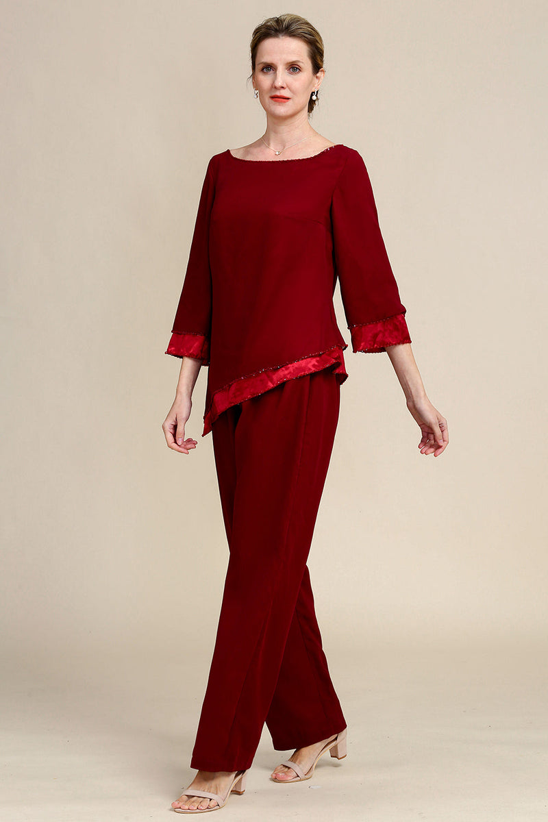 Load image into Gallery viewer, Burgundy Long Sleeves 2 Piece Mother of the Bride Pant Suits