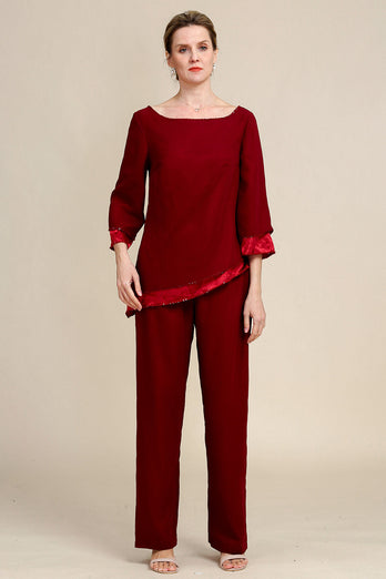 Burgundy Long Sleeves 2 Piece Mother of the Bride Pant Suits