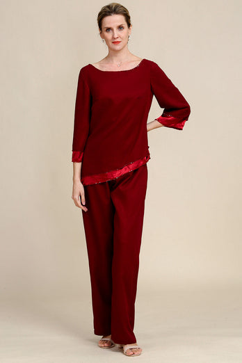 Burgundy Long Sleeves 2 Piece Mother of the Bride Pant Suits