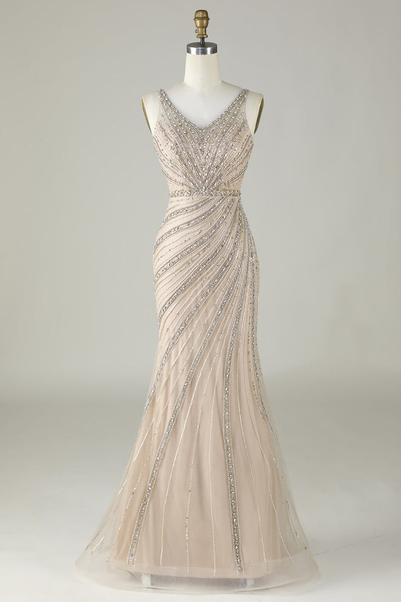 Load image into Gallery viewer, Sparkly Champagne Beaded Mermaid Long Prom Dress with Wrap