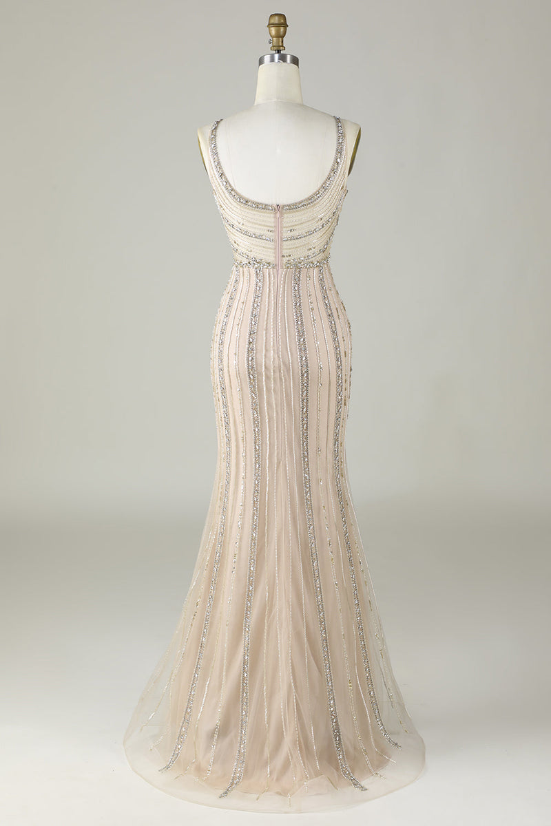 Load image into Gallery viewer, Sparkly Champagne Beaded Mermaid Long Prom Dress with Wrap