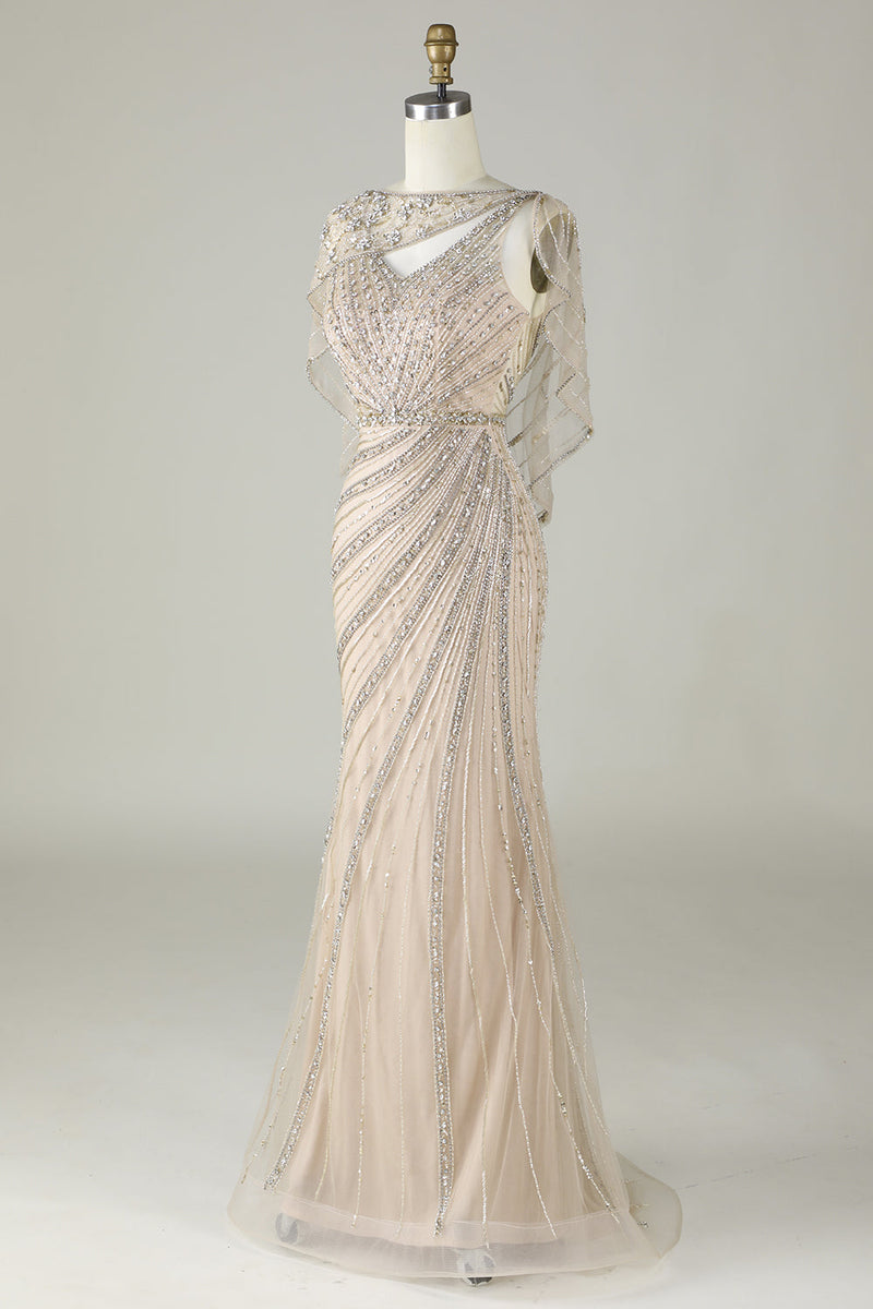 Load image into Gallery viewer, Sparkly Champagne Beaded Mermaid Long Prom Dress with Wrap