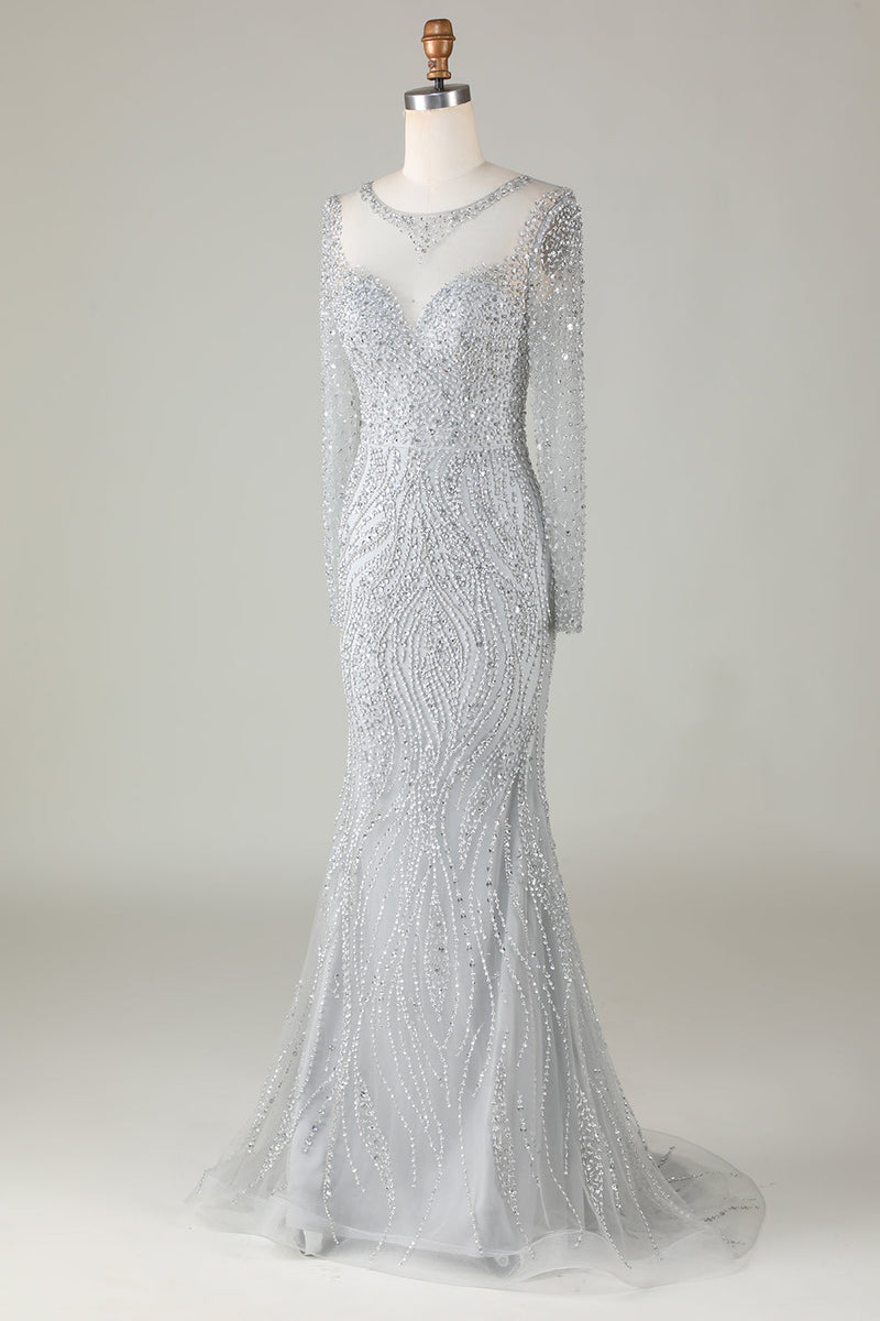 Load image into Gallery viewer, Gorgeous Sparkly Grey Beaded Mermaid Long Prom Dress