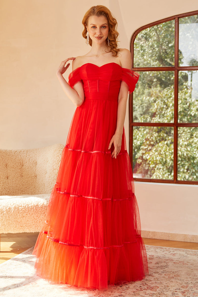 Load image into Gallery viewer, Off The Shoulder Red Tulle Princess Prom Dress with Slit