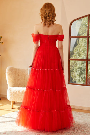 Off The Shoulder Red Tulle Princess Prom Dress with Slit