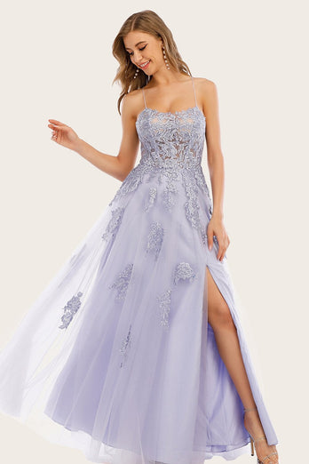 Lavender Tulle Long Prom Dress with Lace