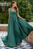 Load image into Gallery viewer, Green V Neck Satin Prom Dress with Ruffles