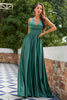 Load image into Gallery viewer, Green V Neck Satin Prom Dress with Ruffles