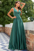 Load image into Gallery viewer, Green V Neck Satin Prom Dress with Ruffles