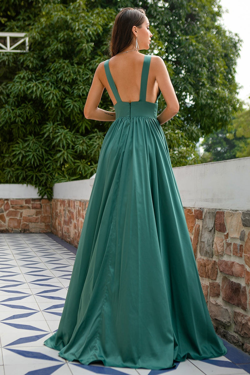 Load image into Gallery viewer, Green V Neck Satin Prom Dress with Ruffles