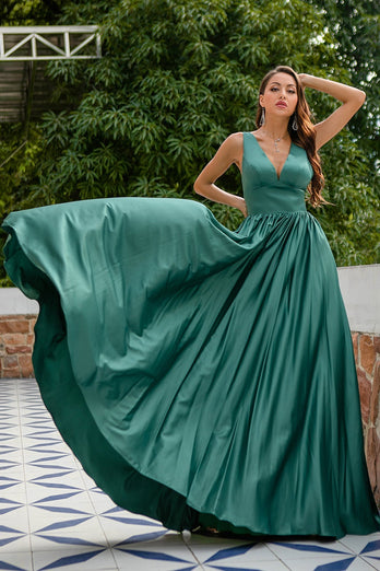 Green V Neck Satin Prom Dress with Ruffles